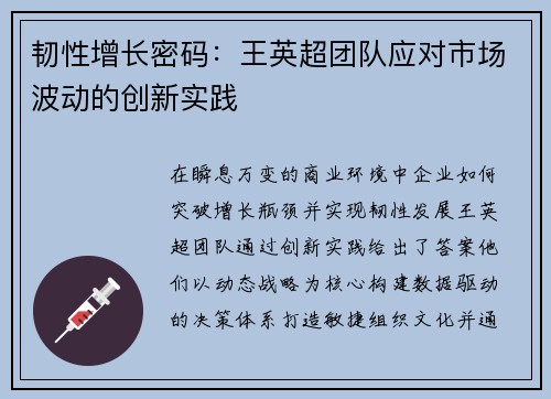 韧性增长密码：王英超团队应对市场波动的创新实践